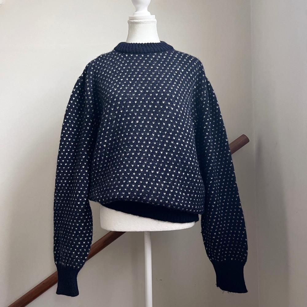 Vintage Navy Birds Eye Knit Wool Chunky Crewneck Fisherman Sweater Pullover‎